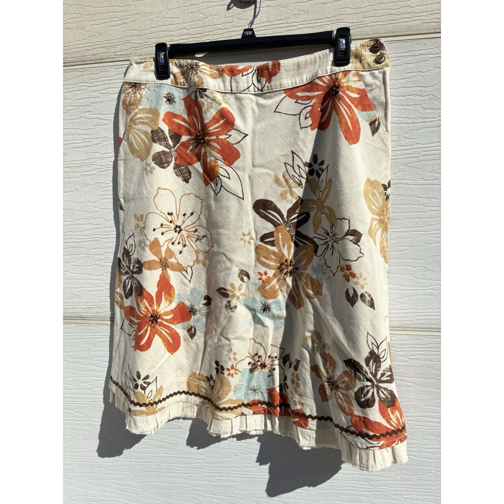J. Jill Womens Size 16 Fall Floral Beaded A-Line Midi Skirt Cotton Ruffle Trim